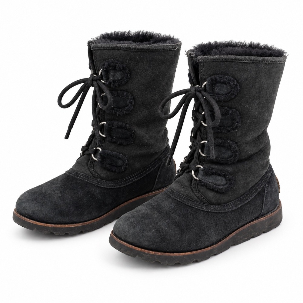 UGG Vintage Australia Rommy Black Suede Shearling Lace Up Boots Women's Size 7